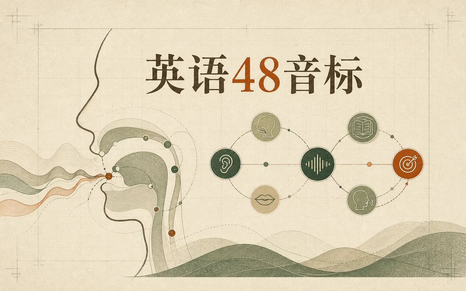 英语 48 音标作品图：音标符号、发音轨迹与学习节点连成一张声音地图。