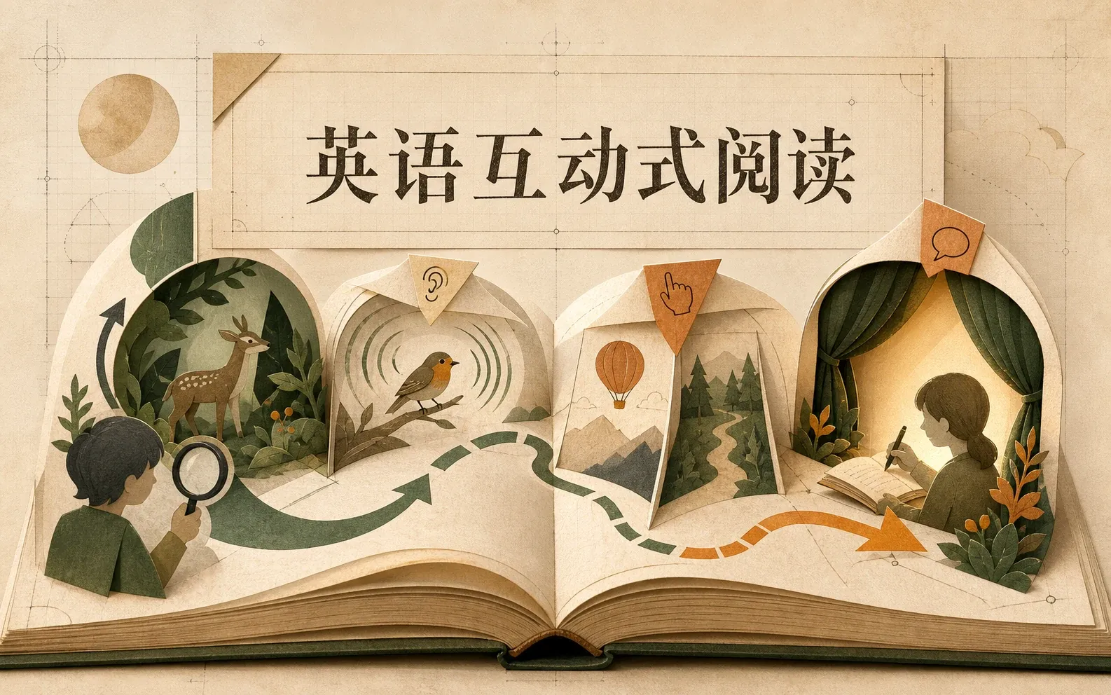 英语互动式阅读作品图：阅读光掠过打开的绘本，画面、声音与回应在同一页相遇。