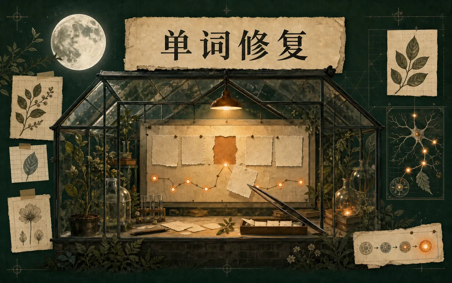 月光修复温室作品图:缺失的字母在月光温室里重新归位,记忆能量随之亮起。