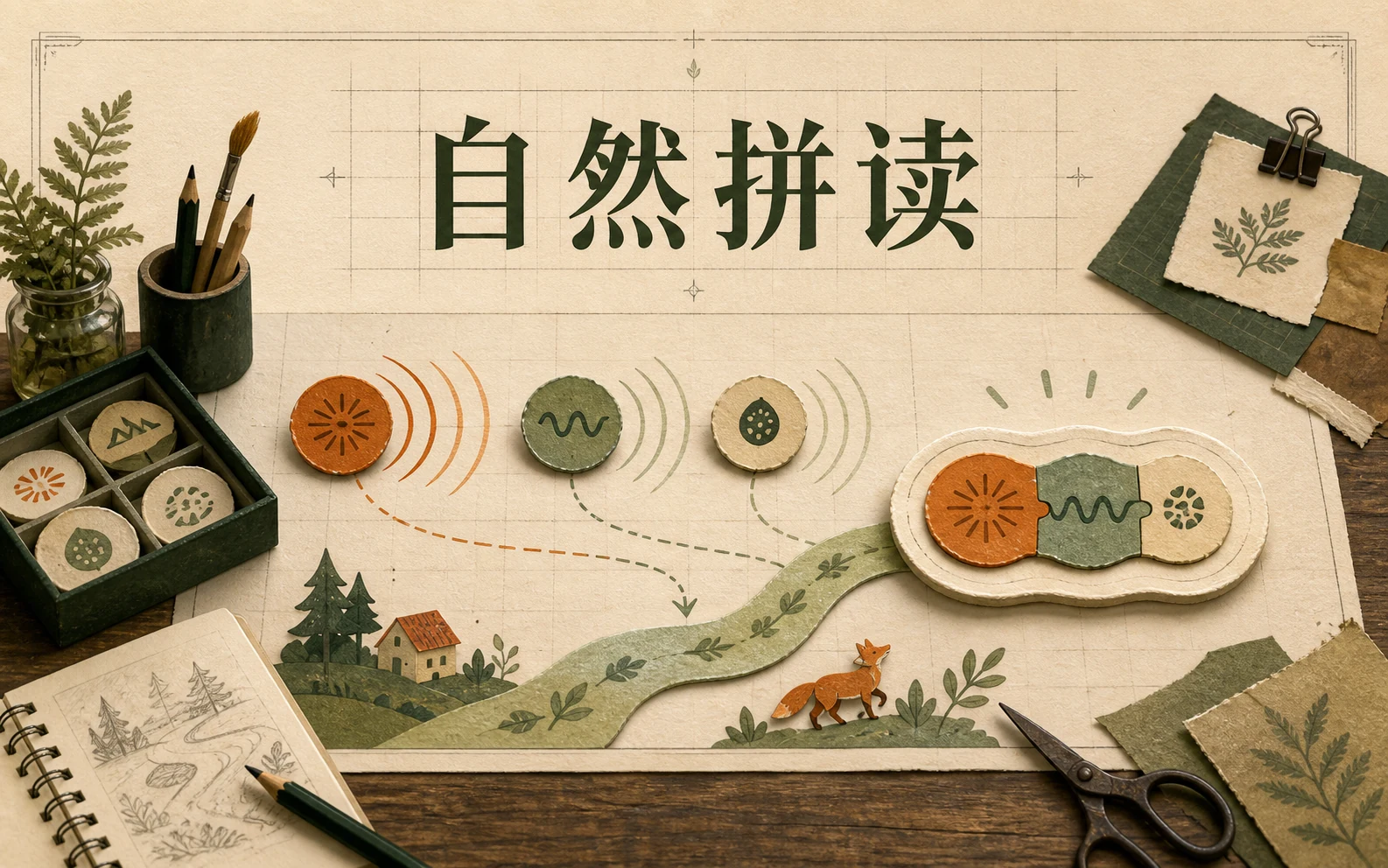 自然拼读作品图:字母音沿着故事轨迹汇成可以听、拆和拼的词。
